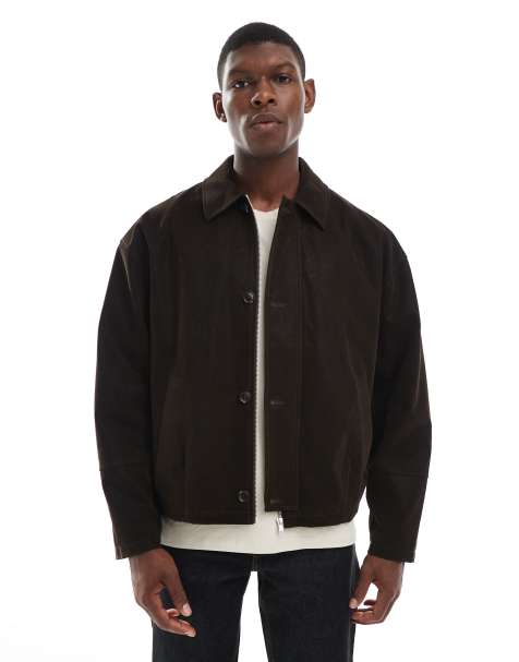 ASOS DESIGN faux suede harrington jacket in dark brown - view 1