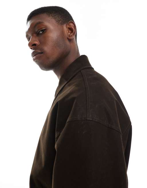 ASOS DESIGN faux suede harrington jacket in dark brown