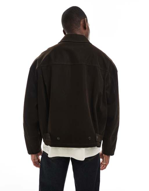 ASOS DESIGN faux suede harrington jacket in dark brown