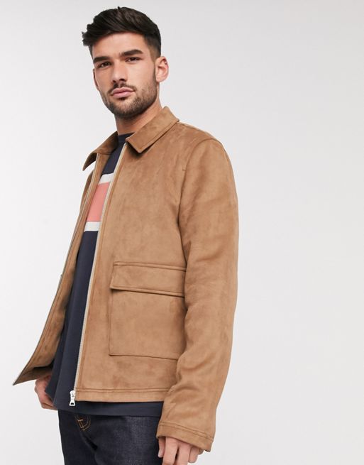 ASOS DESIGN faux suede harrington jacket with patch pocket in tan | ASOS