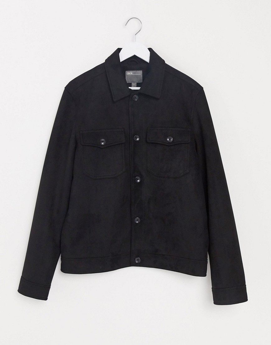 ASOS DESIGN faux suede harrington jacket with utility pocketing in black