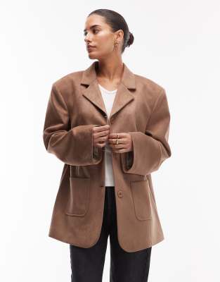 Asos Design Faux Suede High Break Oversized Blazer In Brown
