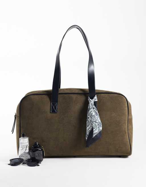ASOS DESIGN faux suede holdall with paisley scarf in khaki, 2 of 4