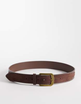 Asos Design Faux Suede Inlay Belt With Antique Gold-tone Western Patterned Buckle In Brown
