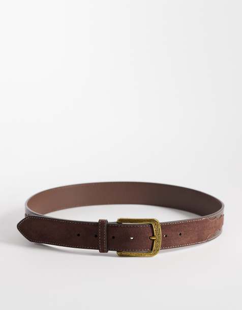 ASOS DESIGN faux suede inlay belt with antique gold-tone western patterned buckle in brown - view 1