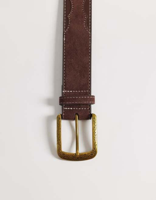 ASOS DESIGN faux suede inlay belt with antique gold western pattern buckle in brown, 2 of 3