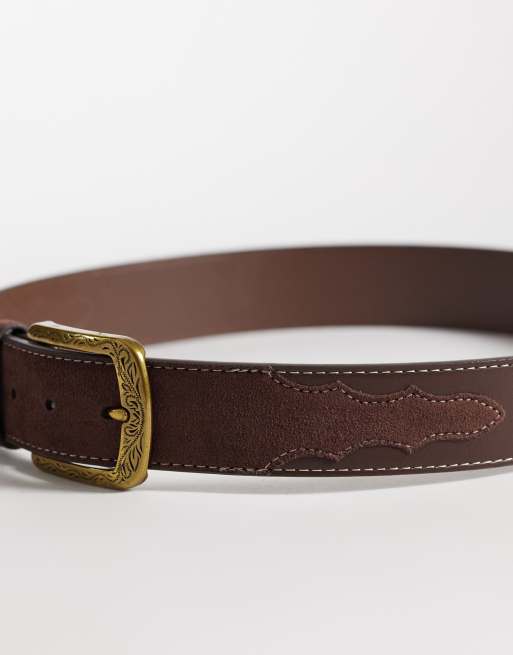 ASOS DESIGN faux suede inlay belt with antique gold western pattern buckle in brown, 3 of 3