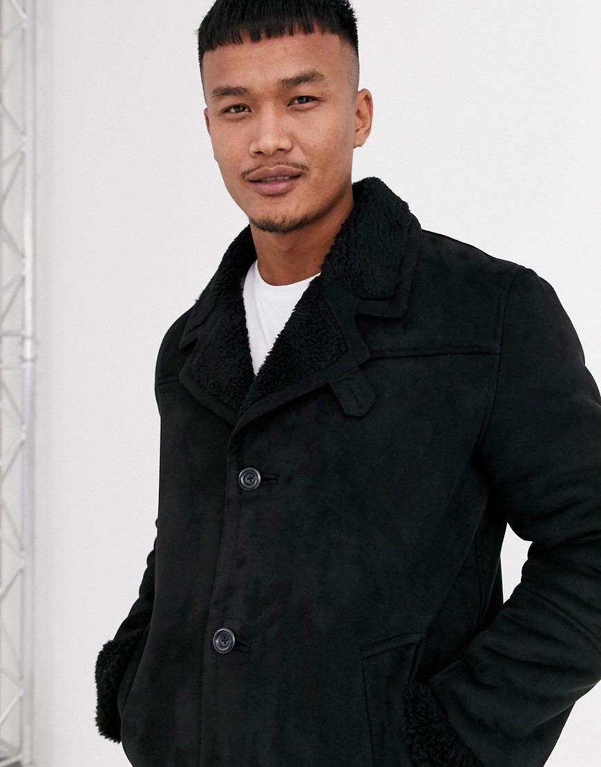 ASOS DESIGN faux suede jacket in black with black teddy lining