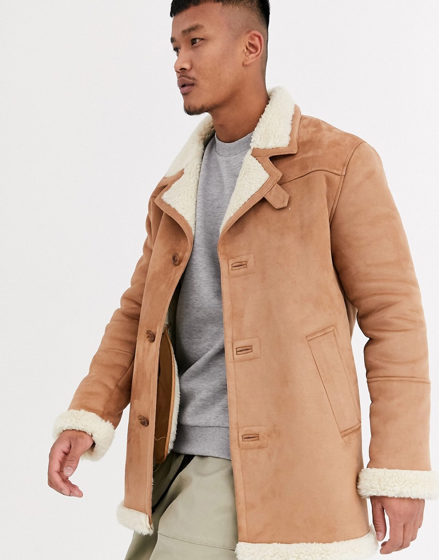 ASOS DESIGN faux suede jacket in tan with ecru teddy lining