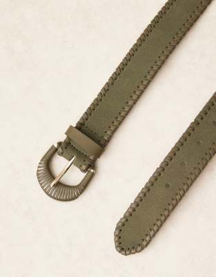 Asos Design Faux Suede Jeans Belt With Whip Stitch And Covered Buckle In Green