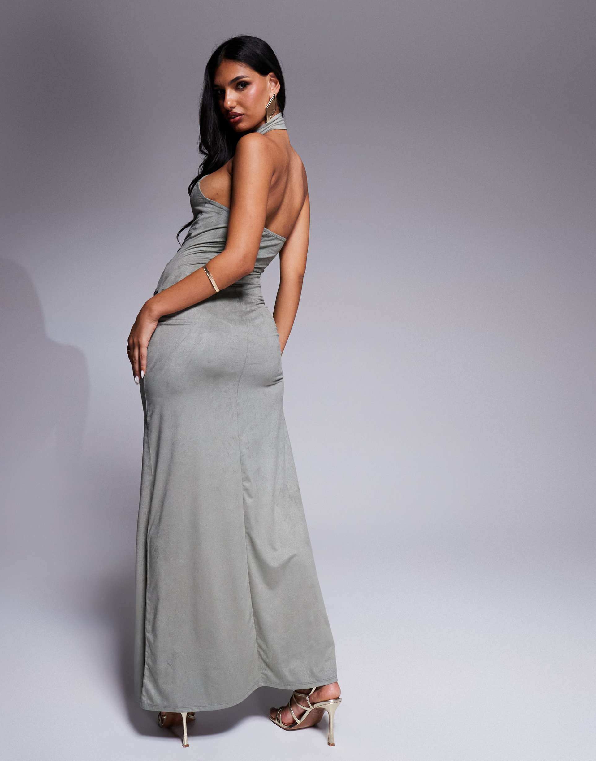 asos design faux suede knot detail halter maxi dress in gray