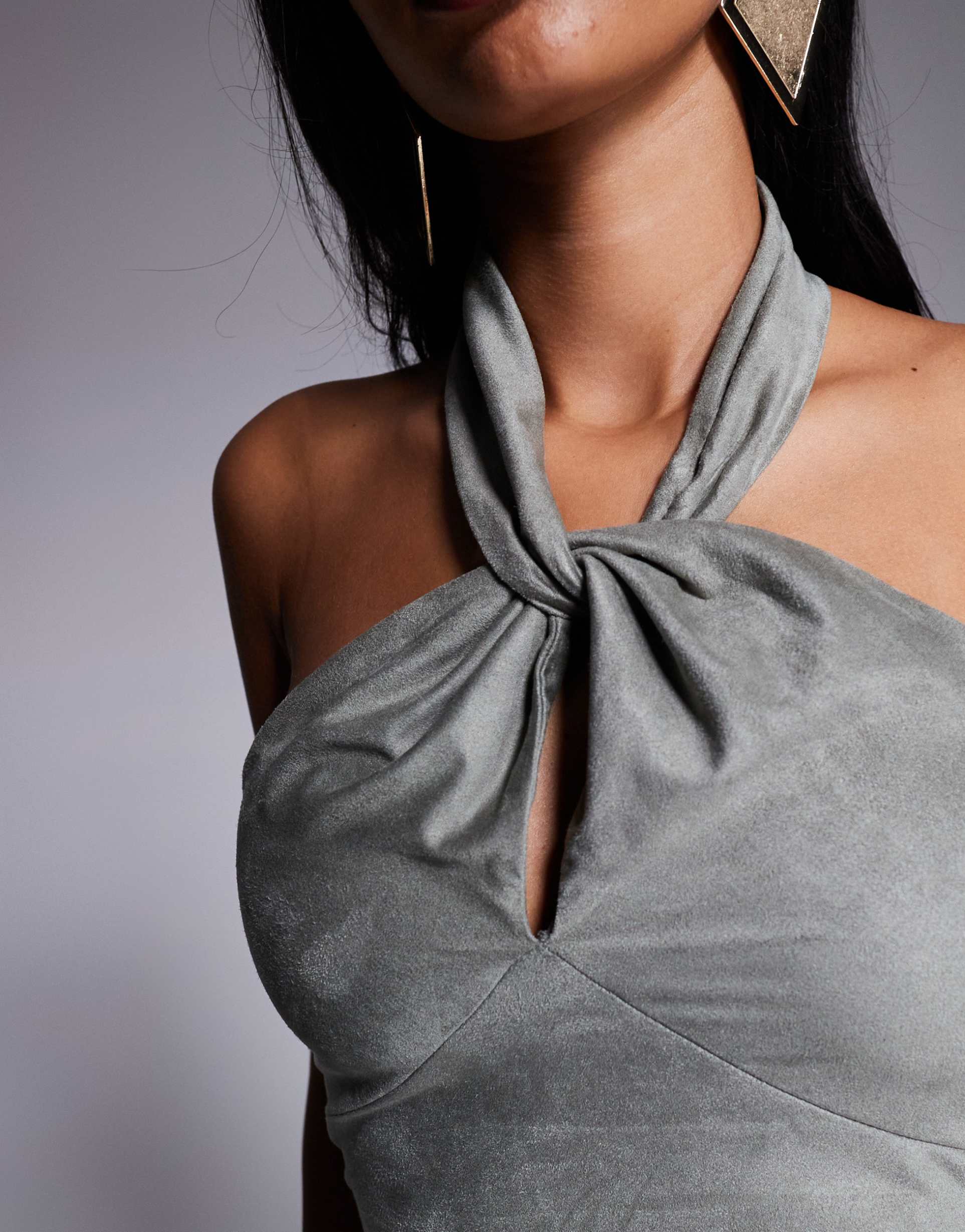 asos design faux suede knot detail halter maxi dress in gray