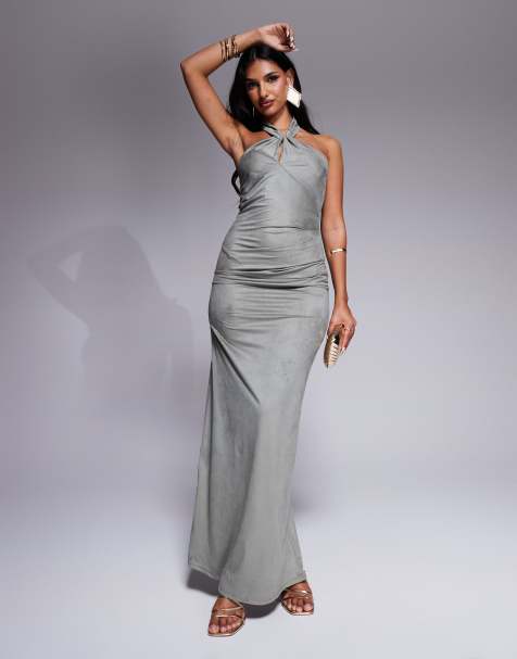 ASOS DESIGN faux suede knot detail halter maxi dress in grey - view 1