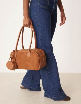 Asos Design Faux Suede Large Bowler Tote Bag With Mini Bowler Bag In Brown
