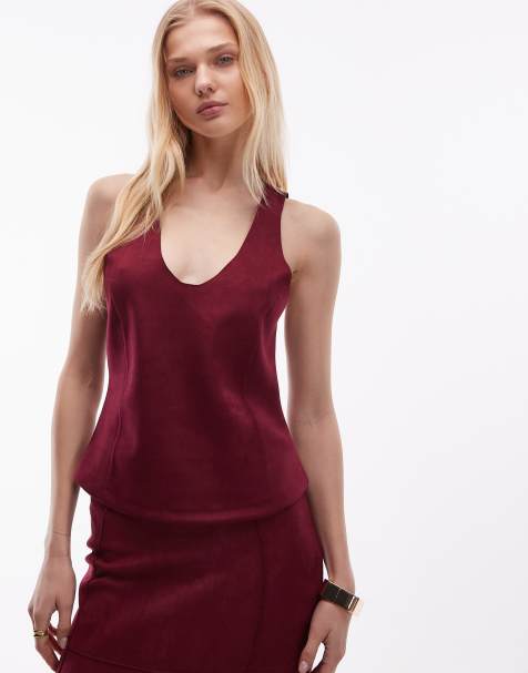 ASOS DESIGN faux suede low scoop racer back top in burgundy (part of a set) - view 1