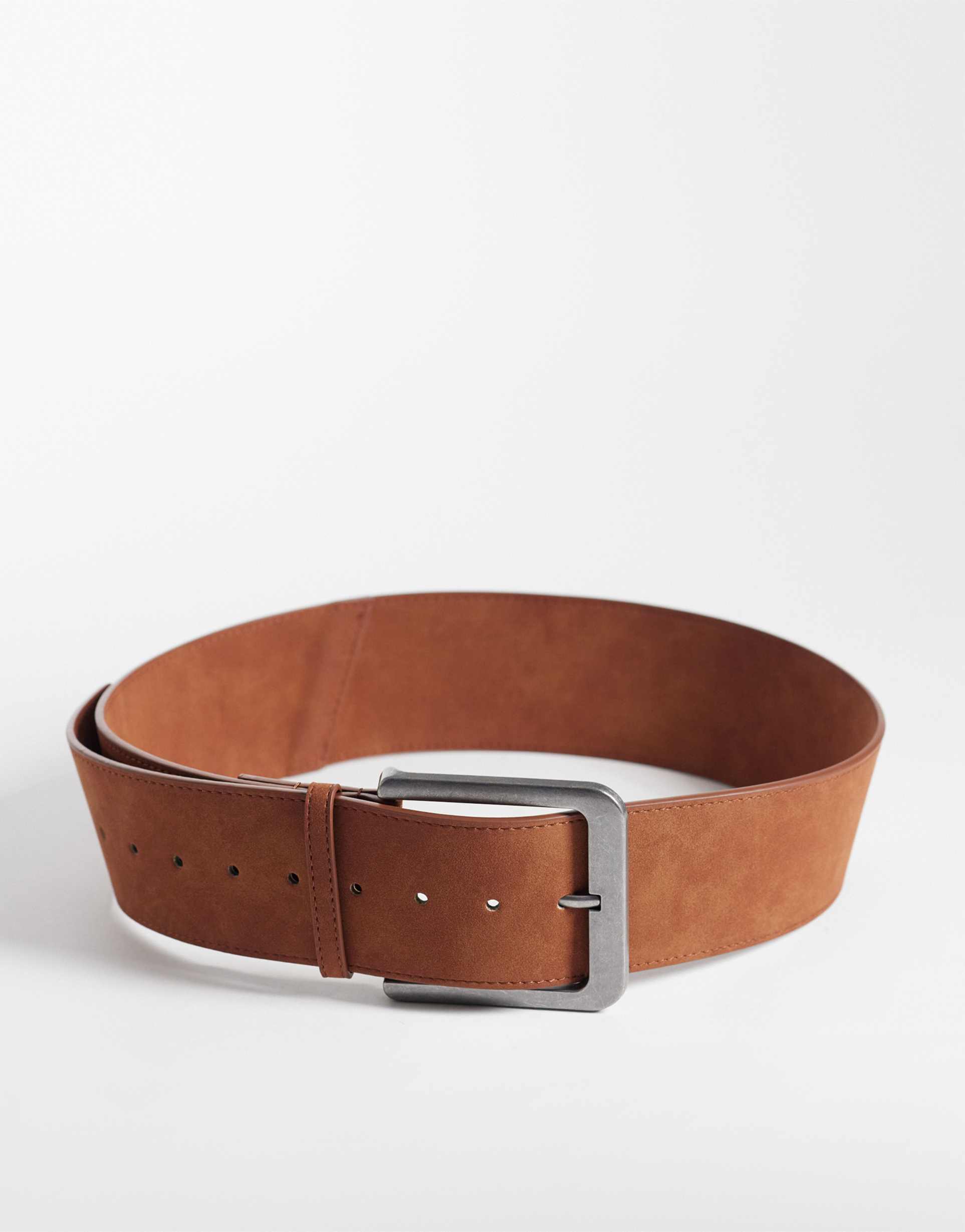 asos design faux suede low waist wide square buckle belt in tan