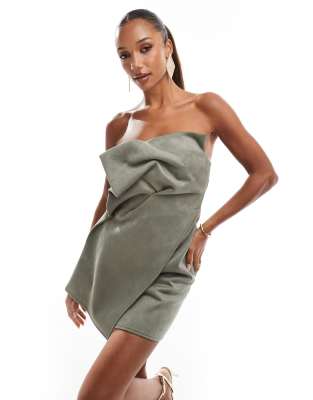 Asos Design Faux Suede Manipulated Tuck Mini Dress In Green