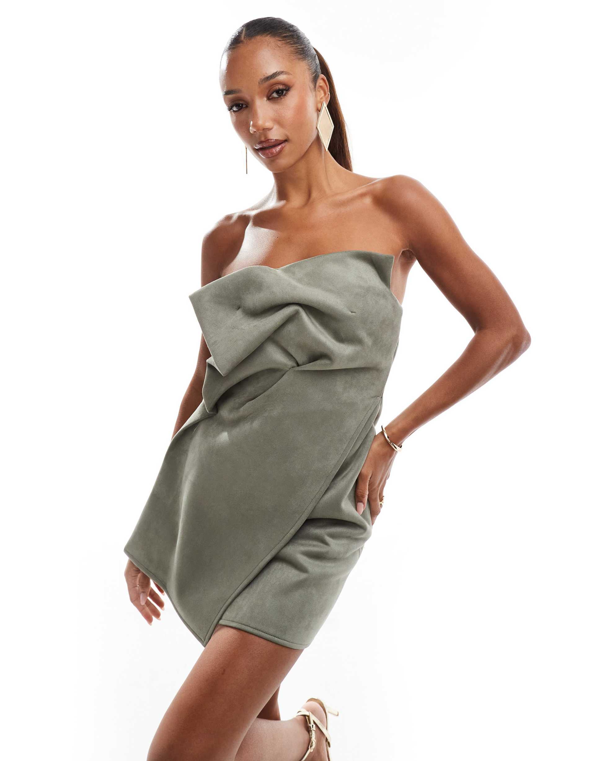 asos design faux suede manipulated tuck mini dress in green