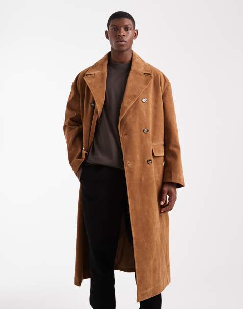 ASOS DESIGN faux suede overcoat in brown - view 1