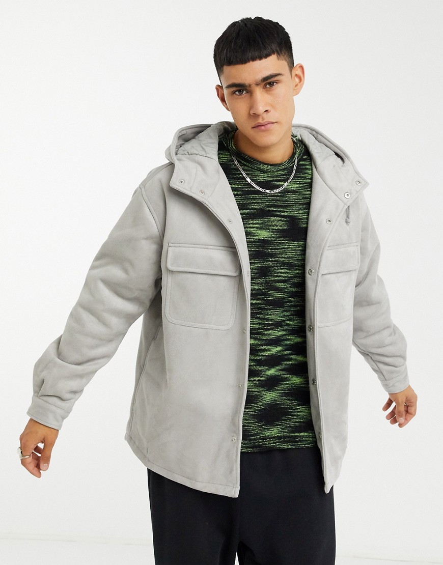 ASOS DESIGN faux suede padded jacket with hood in gray-Grey