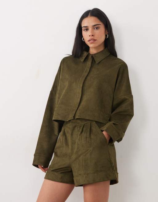 ASOS DESIGN co-ord faux suede long sleeve shirt in khaki, 3 of 3