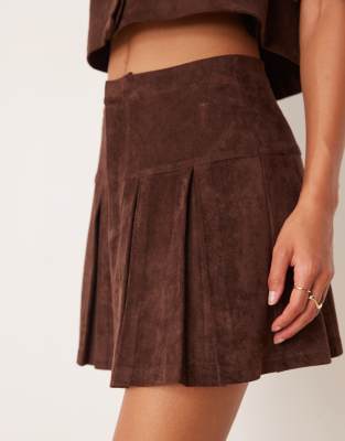 Asos Design Faux Suede Pleated Mini Skirt In Brown
