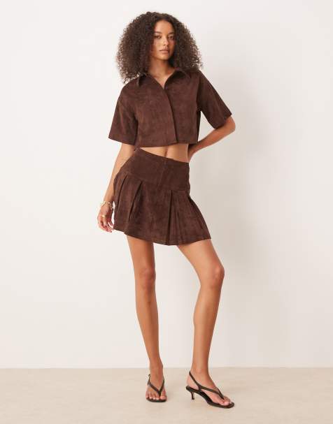 ASOS DESIGN faux suede pleated mini skirt set in chocolate - view 1