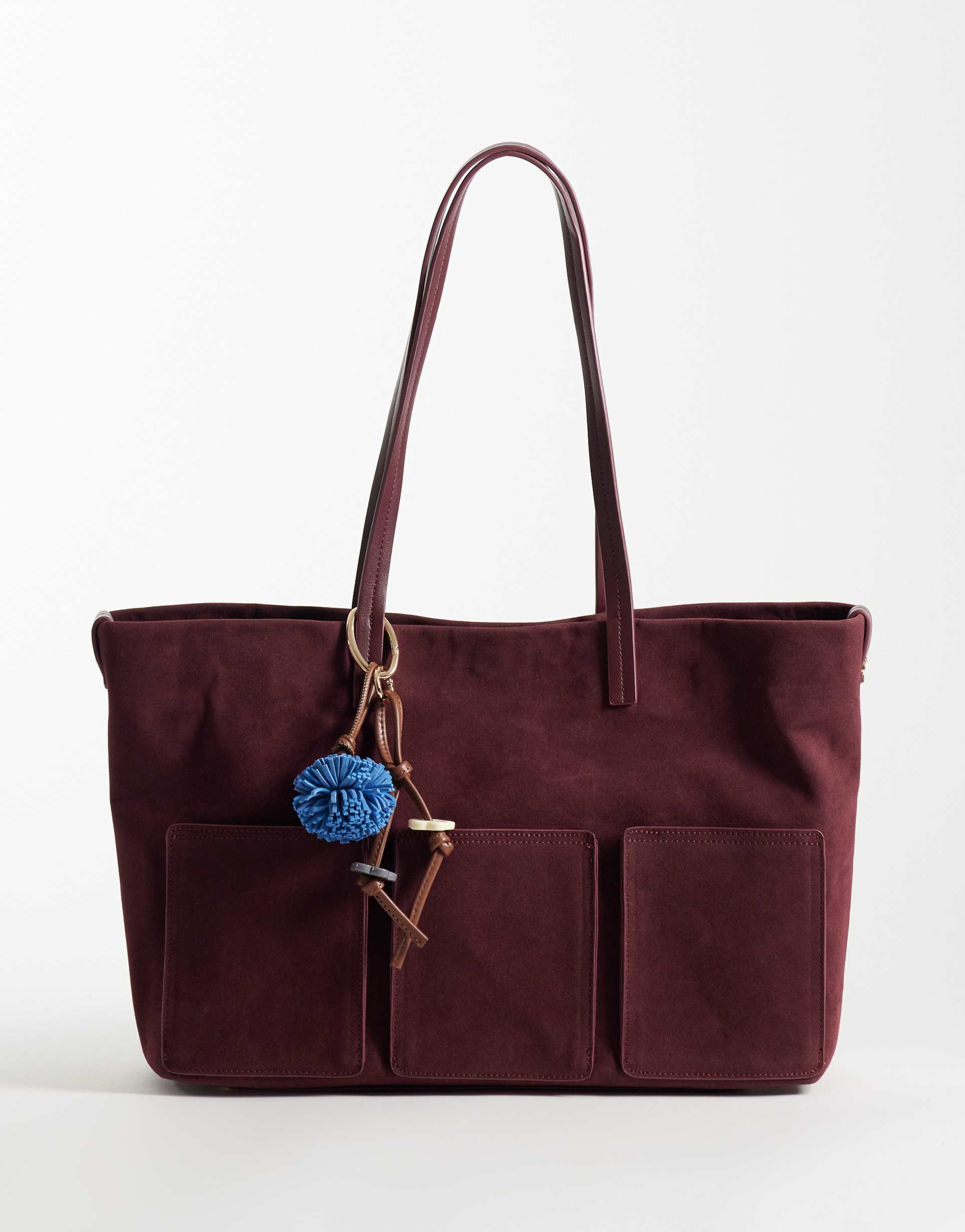 asos design faux suede pocket tote with bag charm in burgundy