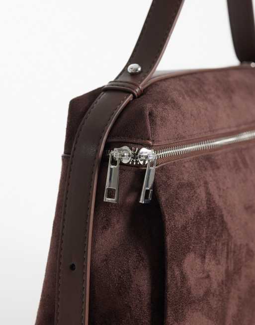 ASOS DESIGN faux suede satchel tote bag in chocolate, 3 of 4
