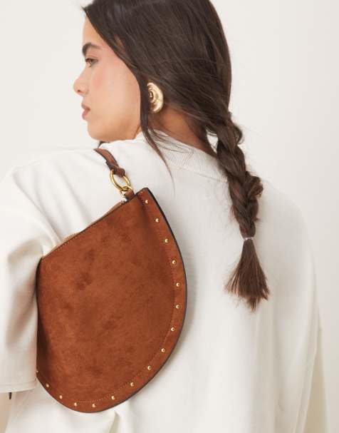 ASOS DESIGN faux suede scoop studded shoulder bag in tan - view 1