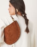 [ASOS DESIGN] ASOS DESIGN faux suede scoop studded shoulder bag in tan-Brown No Size BROWN