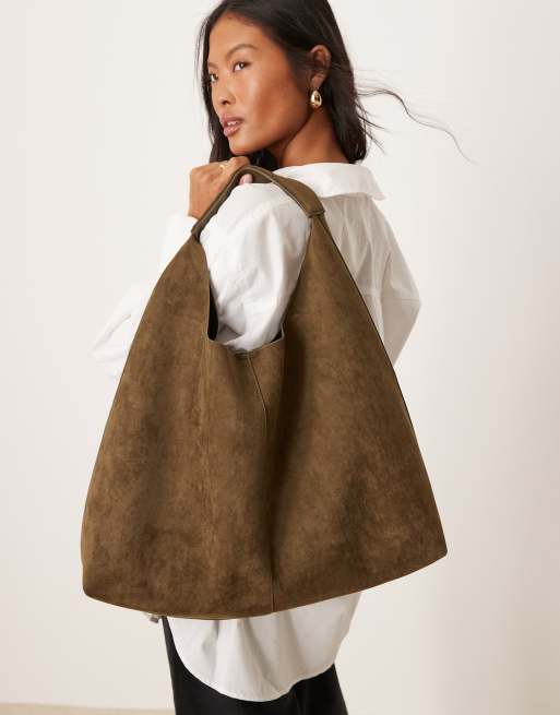 ASOS DESIGN Faux Suede scoop tote bag in khaki