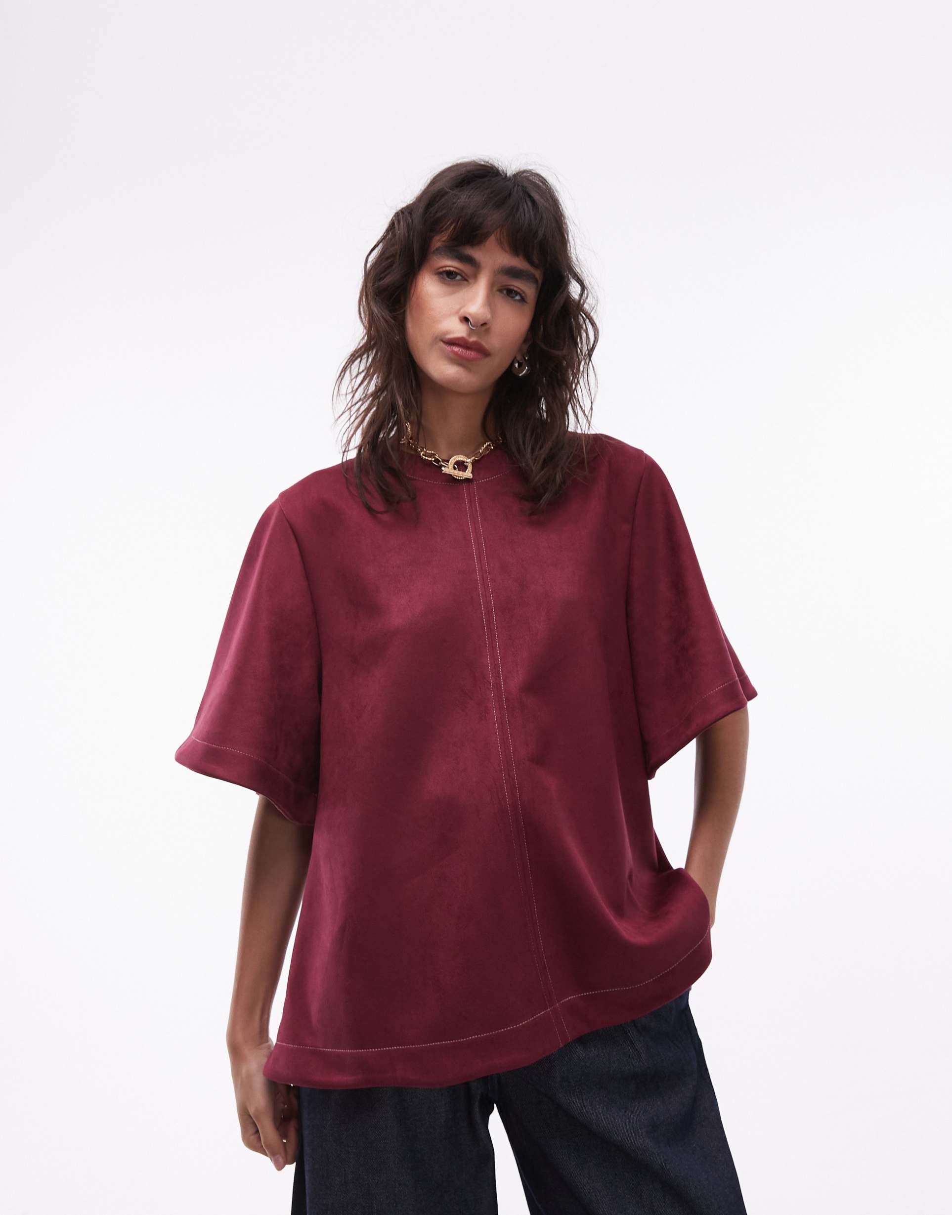 asos design faux suede seam detail short sleeve tee swing in burgundy