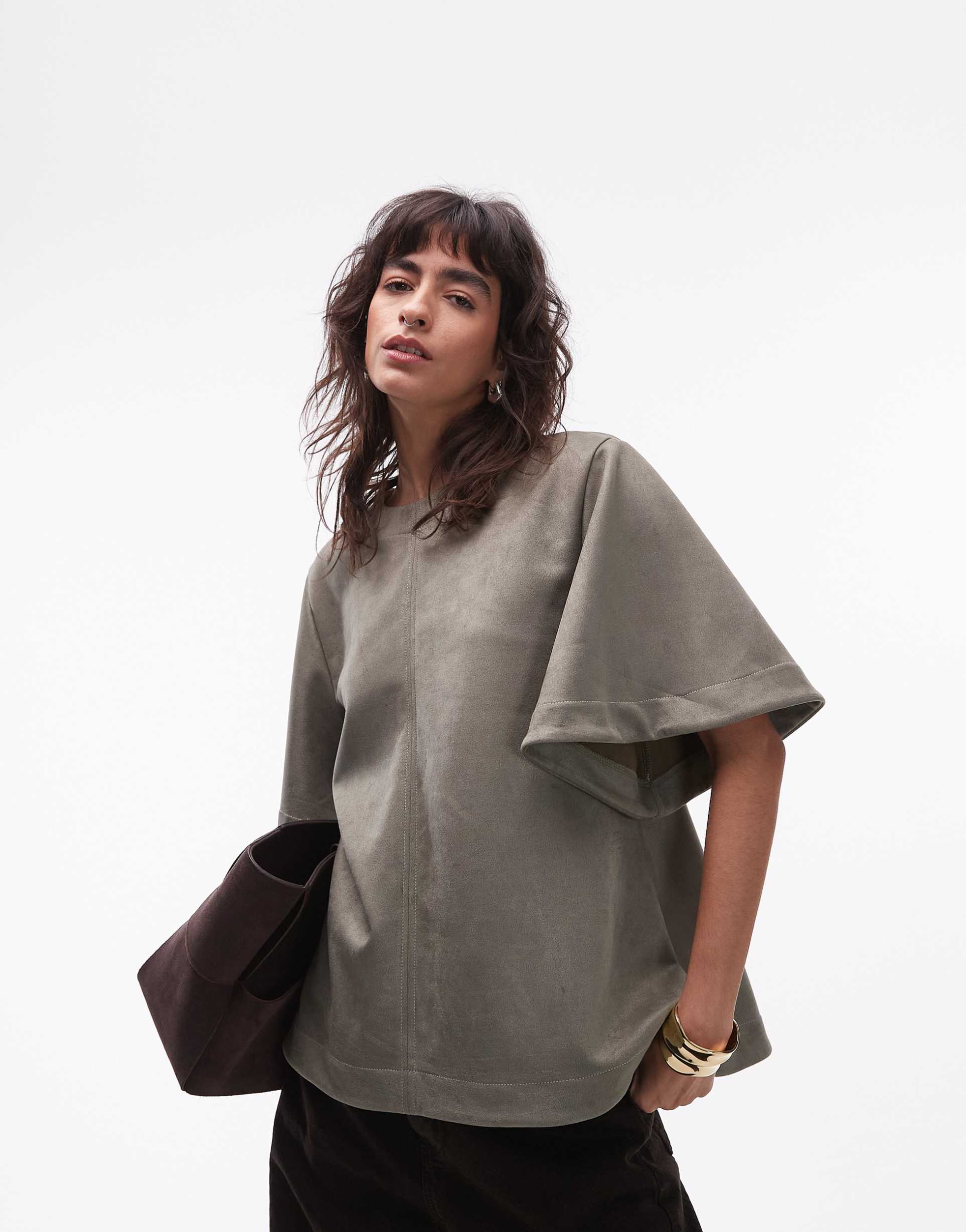 asos design faux suede seam detail short sleeve tee swing in khaki