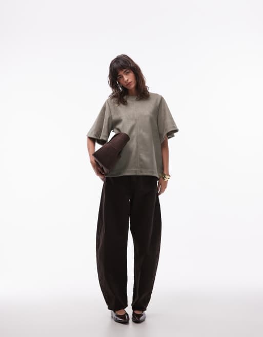 ASOS DESIGN faux suede seam detail short sleeve tee swing in khaki, 2 of 4
