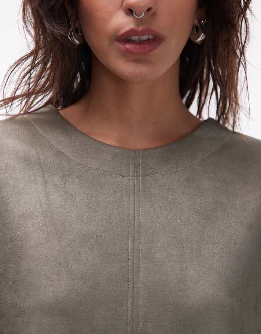 ASOS DESIGN faux suede seam detail short sleeve tee swing in khaki, 3 of 4