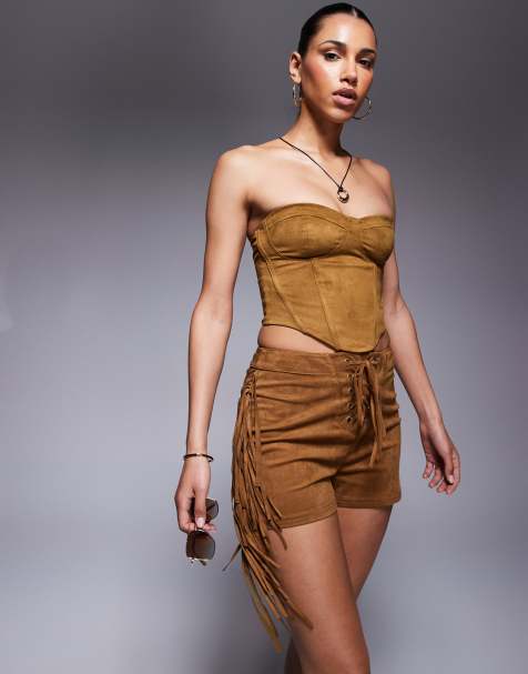 ASOS DESIGN faux suede shorts with fringe detail in tan - view 1
