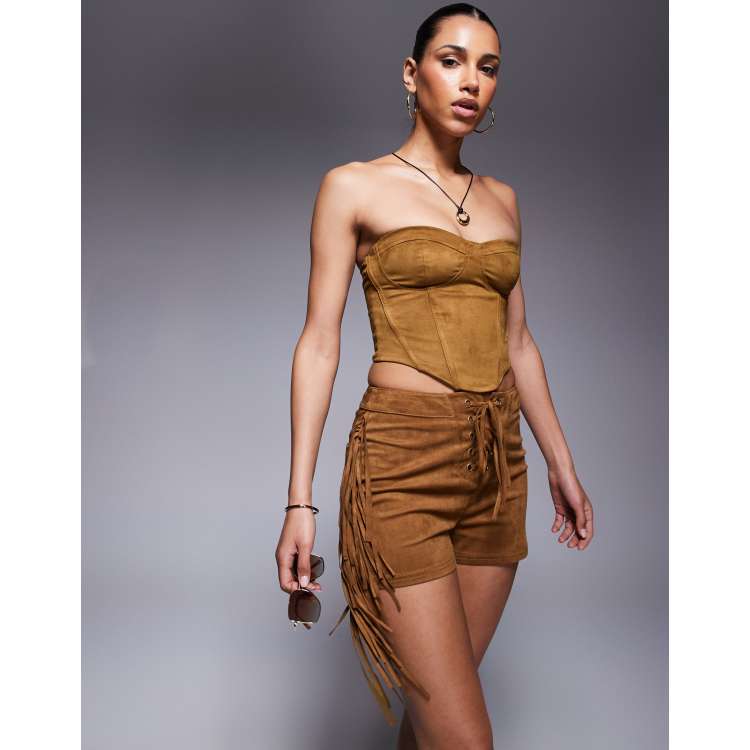 ASOS DESIGN faux suede shorts with fringe detail in tan | ASOS