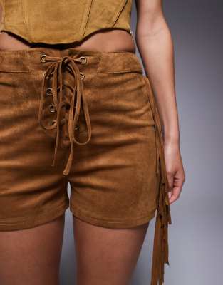 Asos Design Faux Suede Shorts With Fringe Detail In Brown
