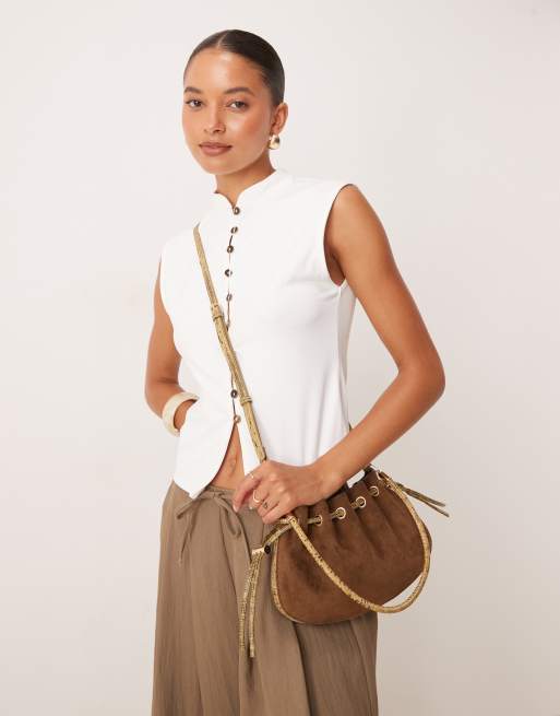 ASOS DESIGN faux suede shoulder bag with adjustable crossbody contrast snake strap in brown