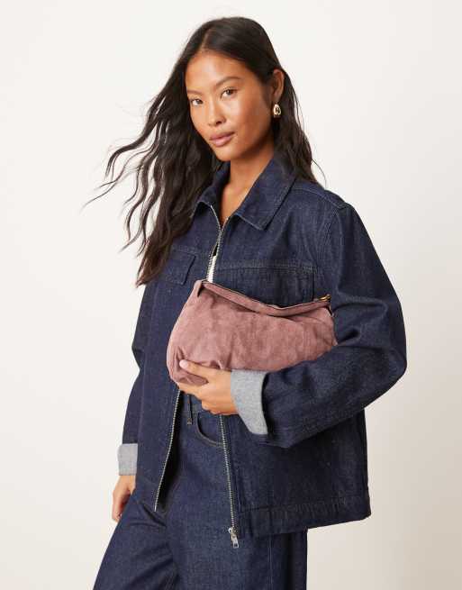 ASOS DESIGN faux suede shoulder bag with fold over flap detail in mauve, 2 of 4