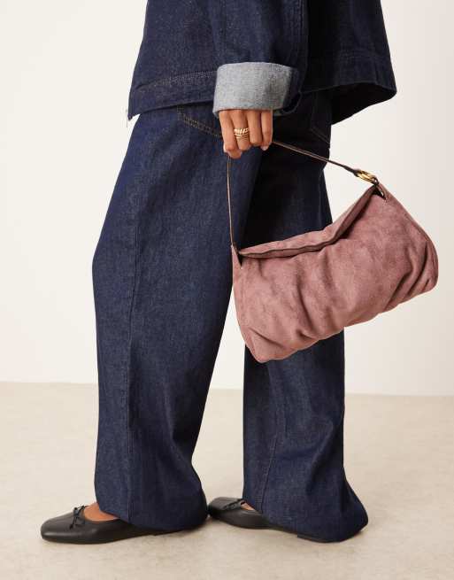 ASOS DESIGN faux suede shoulder bag with fold over flap detail in mauve, 3 of 4