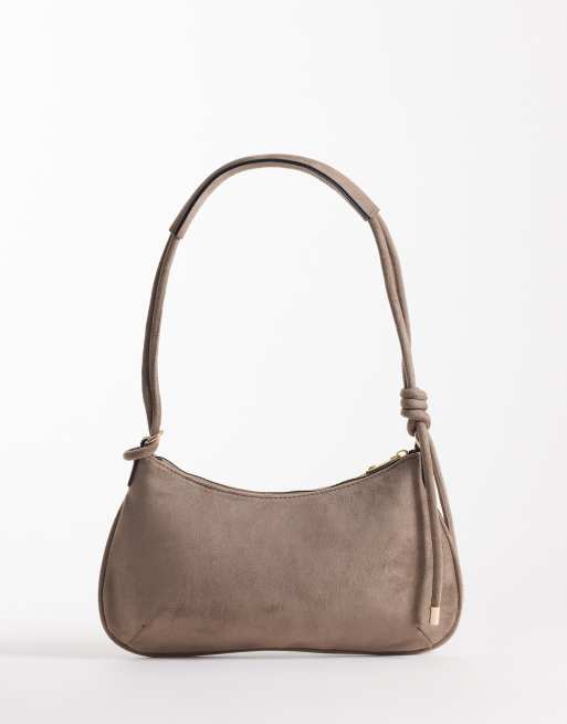 ASOS DESIGN faux suede shoulder bag with knot detail skinny strap in grey, 4 of 4