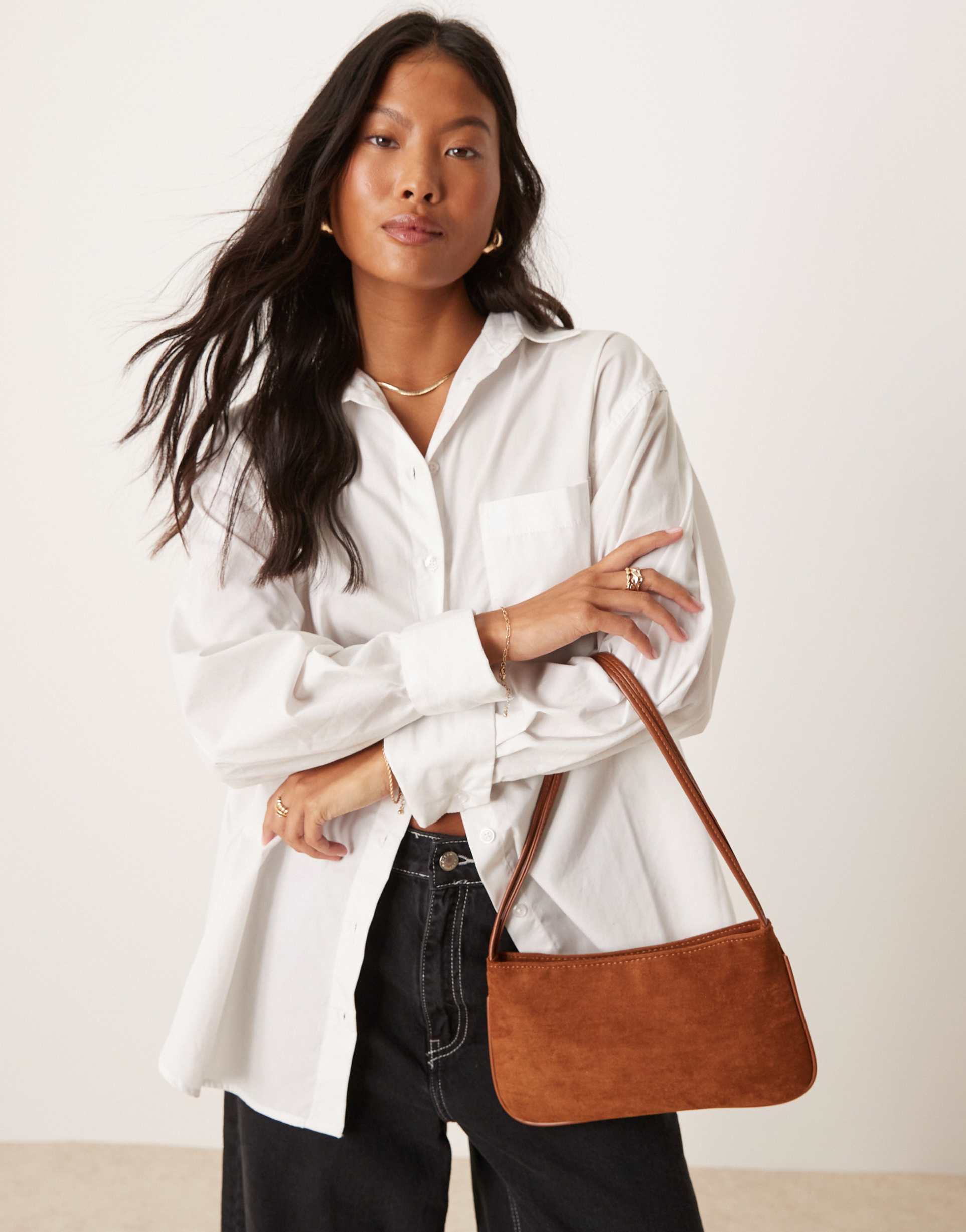 asos design faux suede shoulder bag with skinny straps in brown