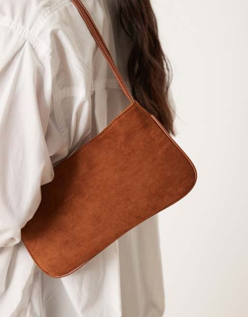 ASOS DESIGN faux suede shoulder bag with skinny straps in brown