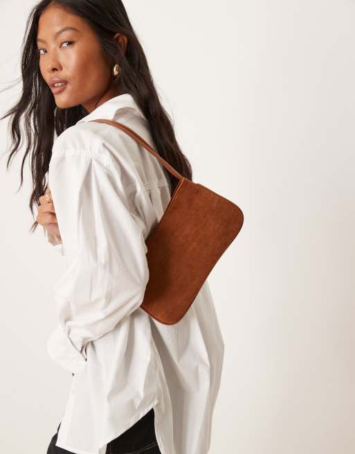 ASOS DESIGN faux suede shoulder bag with skinny straps in brown