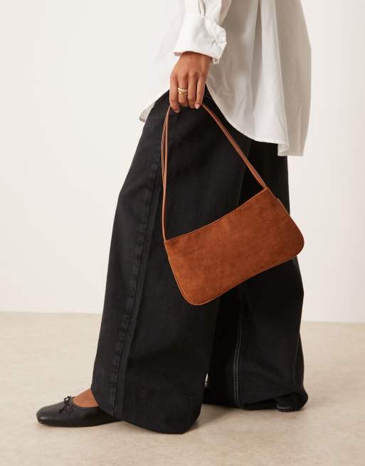 ASOS DESIGN faux suede shoulder bag with skinny straps in brown
