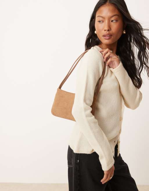 ASOS DESIGN faux suede shoulder bag with skinny straps in stone , 2 of 4