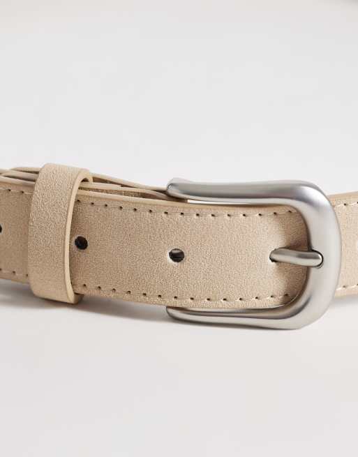 ASOS DESIGN faux-suede smart single stud belt with rounded edge brushed silver buckle in stone, 3 of 3