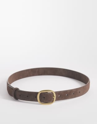 ASOS DESIGN faux suede square buckle waist and hip jeans belt in chocolate